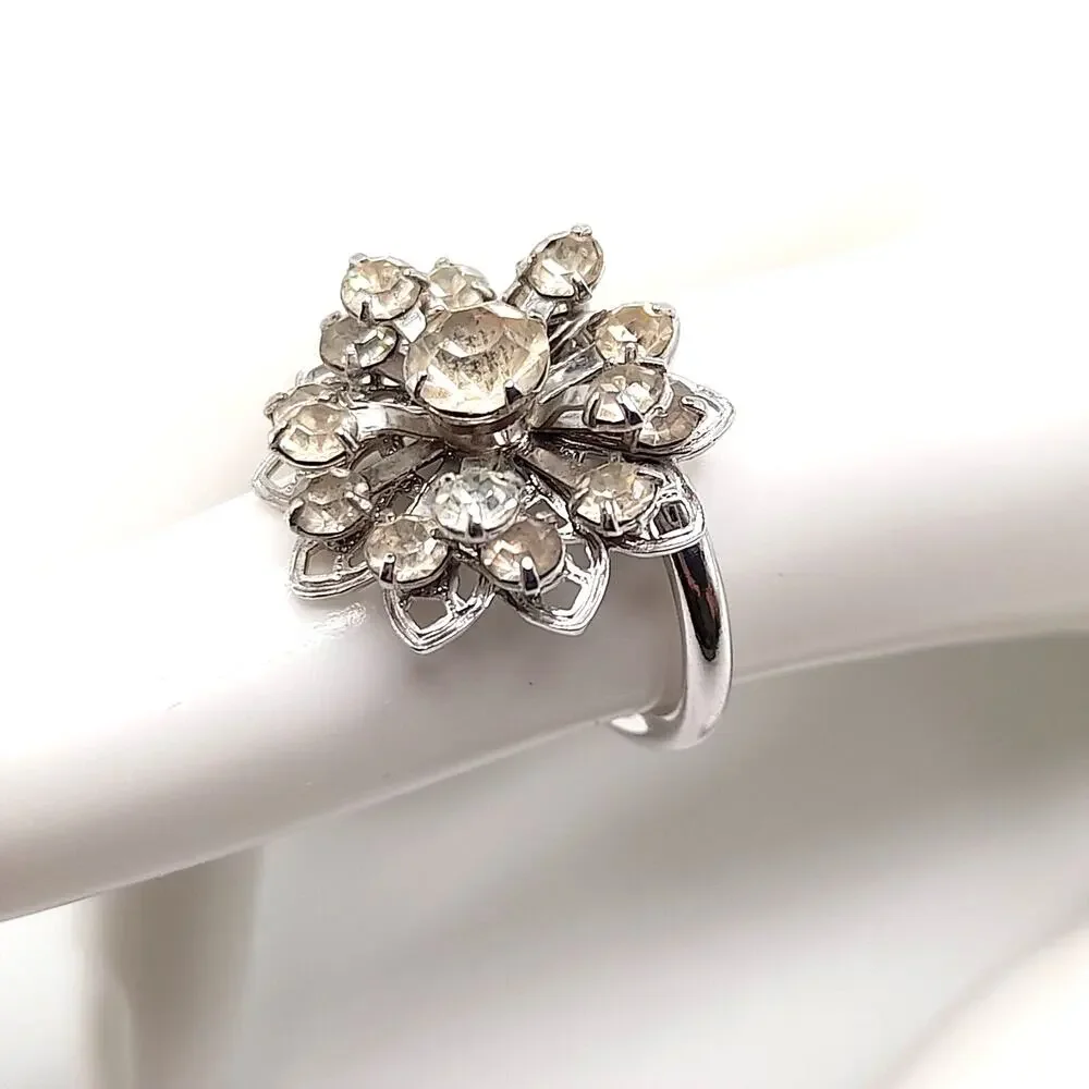 Vintage Ring, Signed Sarah Coventry, Cluster Silver Tone, Size 5 1/2 Adjustable